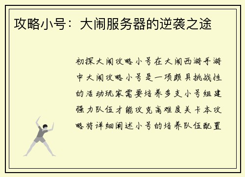 攻略小号：大闹服务器的逆袭之途