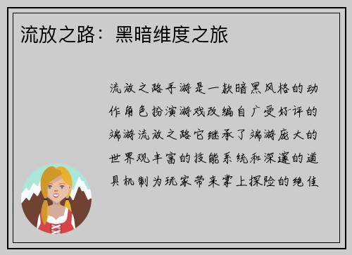 流放之路：黑暗维度之旅