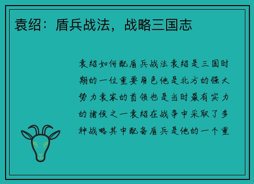 袁绍：盾兵战法，战略三国志