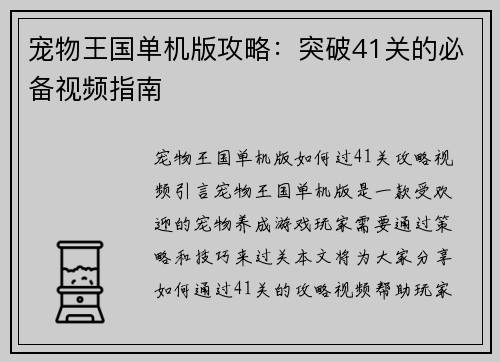 宠物王国单机版攻略：突破41关的必备视频指南